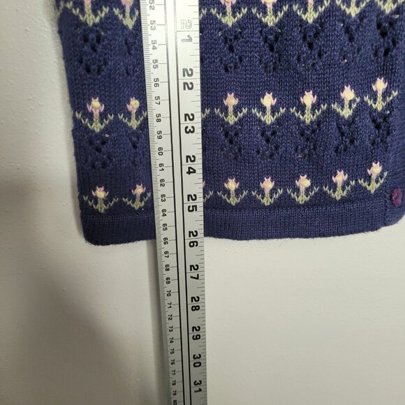 Vintage 90s blue green open knit button front flower print grandmacore sweater s - Picture 7 of 7